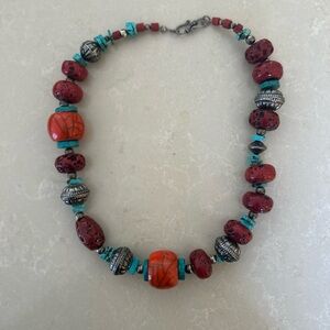 Handcrafted Red & Turquoise Beaded Statement Necklace. 20”